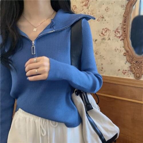 Knitting Coat Female Pullover All-match Sweater Black Retro Thin Section Korean Sexy Zipper Long Sleeves Autumn Base Sweater