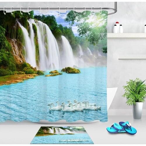 3D Beautiful Waterfall at Sunny Day Swans Shower Curtain with Mat Set Waterproof Bathroom Fabric For Art Nature Bathtub Decor