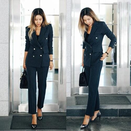 Suits Womens Pant Suits OL 2 Piece Sets Double Breasted Striped Blazer Jacket & Zipper Trousers Suit For Women Outfits Feminino