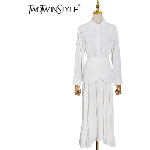 TWOTWINSTYLE Vintage White Shirt Dress For Women Lapel Long Sleeve High Waist Sashes Pleated Maxi Dresses Female Fashion New
