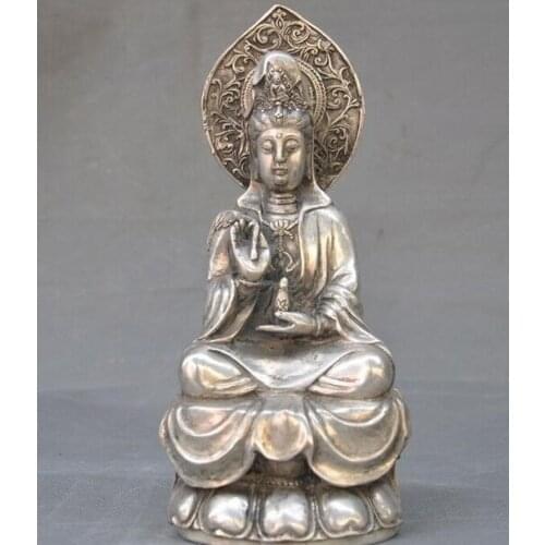 10"Marked old Chinese silver Buddhism Kwan-Yin Guanyin Bodhisattva Buddha statue