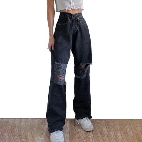 2021 Gothic Hip Hop Black Jeans Wide Leg High Waisted Korean Style Streetwear With Hole Pants Girls Loose Lady Jogging Wear