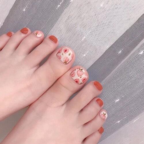 24pcs Floral Printed Toenail Patch Glue Type Removable Long Paragraph Fashion Manicure Save Time False Toenails Patch WD