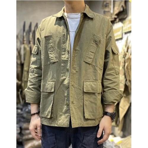 American Tooling Shirt Spring Cotton Military Square Collar Multi Bag Windbreaker Water Wash Short Jacket Outdoor Cargo Coat Top