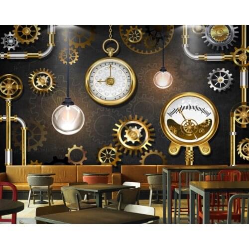 Free Shipping Custom 3D Photo Wallpaper Hotel Lobby Mural Restaurant Wallpaper Stereo Golden Gear Watch Blackboard Mural