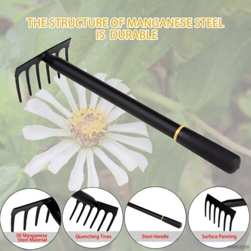 Free Shipping Garden 6 Tines Rake Comfortable Grip Durable Garden Tool Manganese Steel Rake Black Small Tiller Tools wholesales