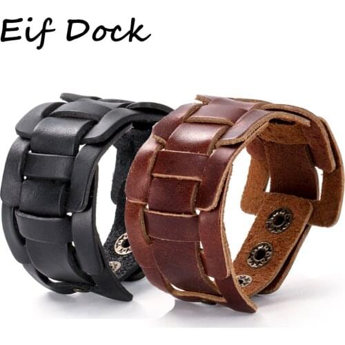 Eif Dock Hight Quality Wide Belt Genuine Leather Charm Bracelet For Men Motorcycle Rider Punk Male Wristband Wrap Bracelets