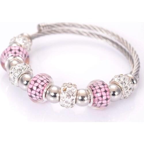Miasol Spring Wire Line Colorful Crystal Charm Beads Cross Stainless Steel Cable Stretch Bracelet Bangles For Women Gift
