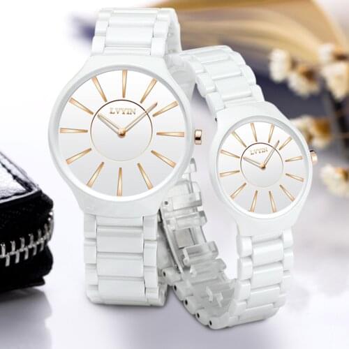 Couple Watches Ceramic Strap Black White Fashion Wristwatch Women Men Quartz Romantic Watch Simple Dress Wristwatches Gift