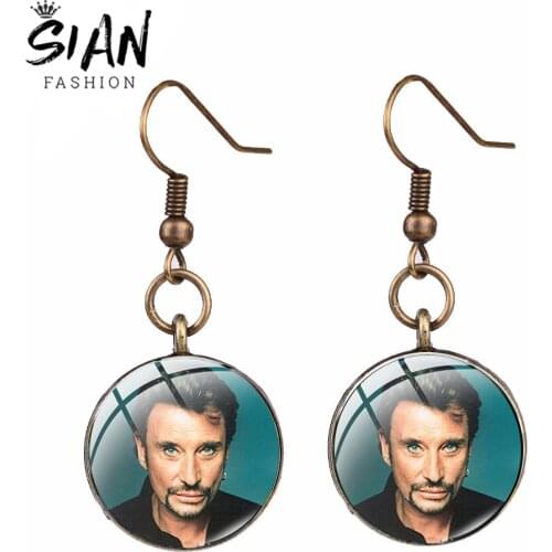 SIAN Newest 2020 Johnny Hallyday Long Earrings Rock French Star Classic Pictures Glass Time Gem Drop Earrings Statement Jewelry