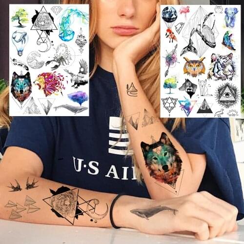 Flash Wolf Whale Jellyfish Tattoos Temporary For Daughter Son Kids Fake Geometric Tattoos Realistic 3D Disposable Tatoo Cosmetic