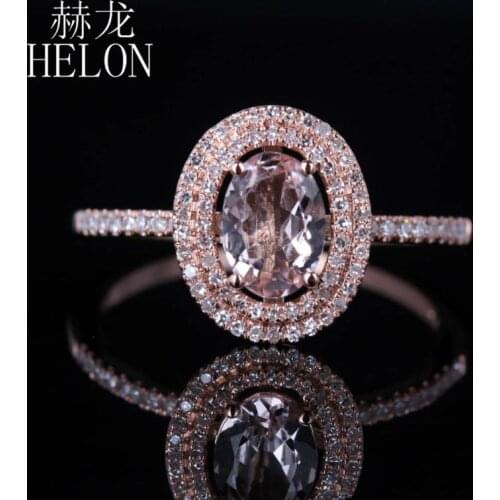 HELON Solid 10K Rose Gold Oval 7x5mm Genuine Morganite Diamonds Two Halo Engagement Wedding Trendy Fine Jewelry Diamond Ring