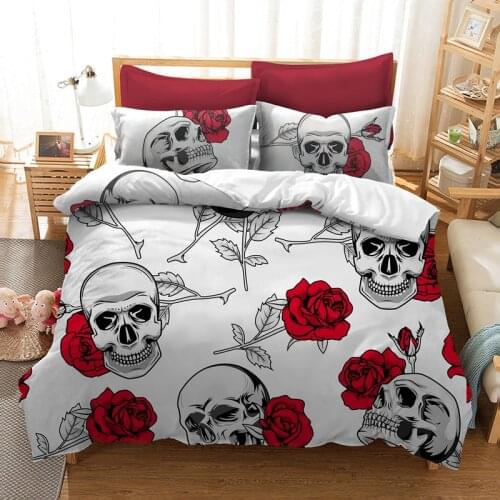 Fanaijia White 3D Rose Skull Bedding Sets for Queen Size Sugar Skull Duvet Cover with Pillowcase AU Double King Bed Bedline