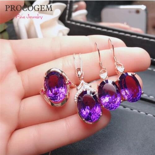 Authentic Natural Amethyst Jewelry sets with CZ for Women Necklace Ring Earrings Real gemstones fine Jewelry S925 Silver #480