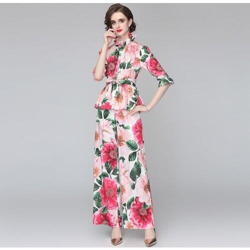 Menahem Summer Rose Floral Two Piece Set Women Outfits Flare Sleeve Belt Ruffled Top+Wide Leg Pants Suit Flower Print Trousers
