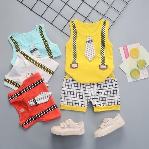 Summer Children Casual Clothes Suit Baby Boys Girls Fake Strap Tie Vest Shorts 2Pcs/set Toddler Cotton Clothing Kids Tracksuits