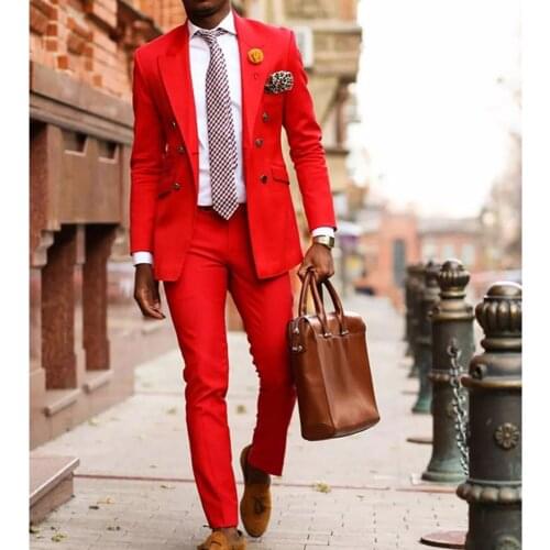 Fashion Hot Red Men Blazer 2 Piece Groom Tuxedos For Wedding Formal Prom Suit (Jacket+Pants) Chic Streetwear Custom Made