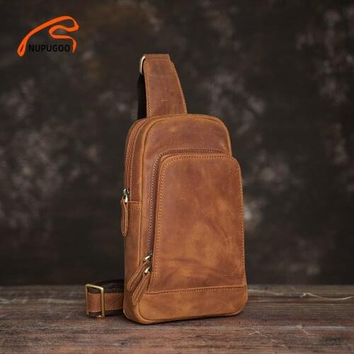 Genuine Leather Men Chest Bag Crossbody Vintage Shoulder High Quality Crazy Horse Cow Leather For 7.9 Inch Ipad NUPUGOO