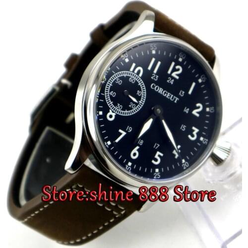 44mm Corgeut black dial luminous asia 6497 hand winding movement mens wristwatch