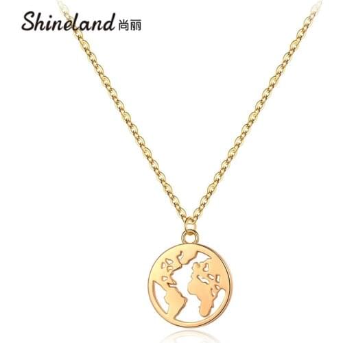 Shineland Vintage World Map Necklace Round Circle Pendants Choker Metal Fashion Jewelry for Women Lady 2021 Gift Wholesale