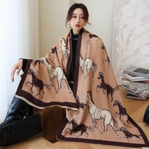 Luxury Women Scarf Design Horse Winter Cashmere Pashmina Warm Thick Bufanda Hijab Shawl Wrap Blanket Female Scarves Stoles