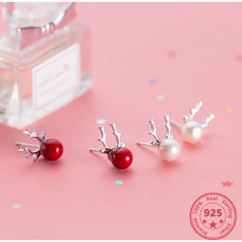 925 Sterling Silver Christmas Antlers Pearl Stud Earrings Korean Fashion Cute Jewelry For Women Christmas Present