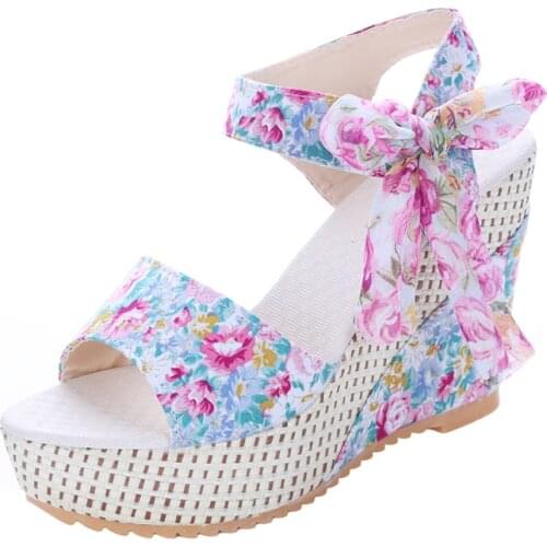 Fashion Women Summer Wedge Sandals Womens Sandals Platform Lace Belt Bow Flip Flops open toe high-heeled Women shoes Female