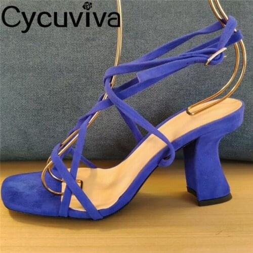 Sexy Suede Strappy Sandals Women Strang Heels Summer Ladies Party Shoes 2021 Runway Hoof Heels Summer Designer Sandals For Woman