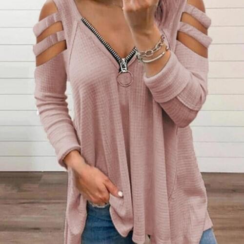 Sexy V Neck Long Sleeve T-Shirt Blouse Long Sleeve Loose Cotton Blend Women Hollow Out Cold Shoulder T-shirt Top for Spring