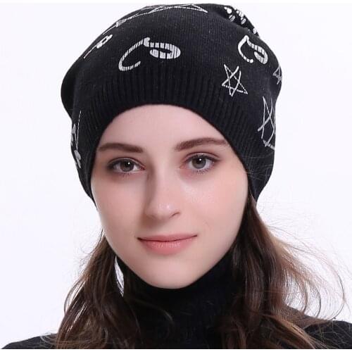 Geebro New Womens Geometric Printing Cashmere Beanies Hat Soft Warm Bonnet Casual Wool Knitted Hats Ladies Fashion Beanie Cap