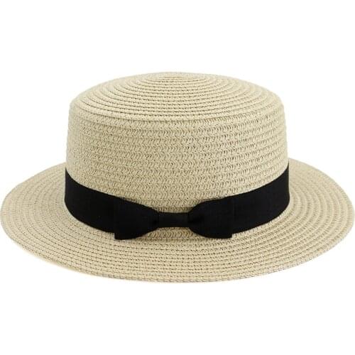 WeMe Flat Topp Straw Sun Hat Summer Holiday Beach Caps Tourist Outdoor Hat for Women Men Adjustable Black Ribbon Hats