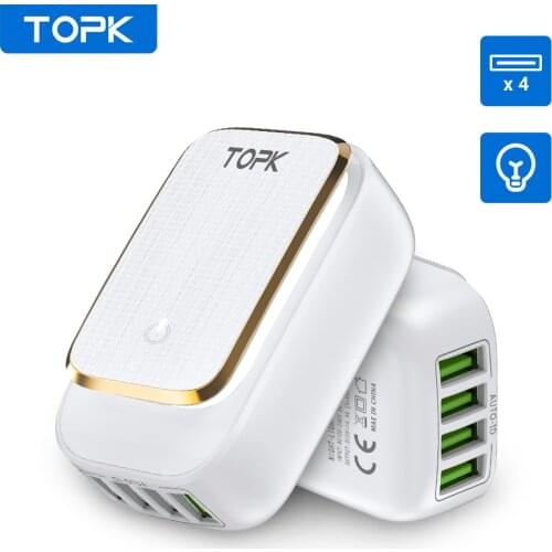 TOPK B4405 4-Port 4.4A(Max) 22W EU USB Charger Adapter LED Lamp Auto-ID Portable Phone Travel Wall Charger for iPhone Samsung