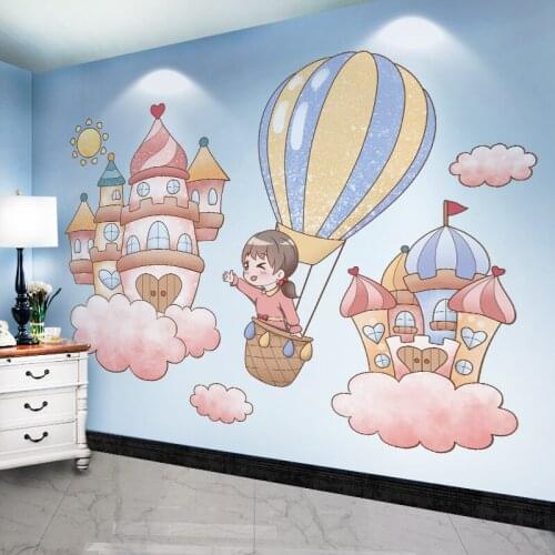 Hot Air Balloon Castle Girl Creative Wall Stickers Kids Princess Room Decoration Bedroom Bedside Backdrop Wall Decor PVC Murals