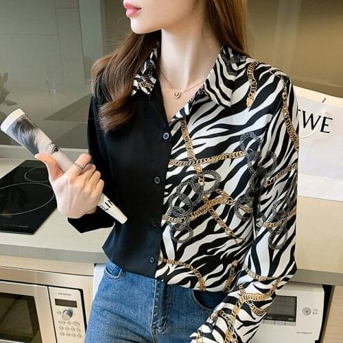 Chikichi 2021 Autumn New Style French Leopard Print Chain Long-sleeved Satin Shirt Women Loose Silk Shirt Plus Size Blouse tops
