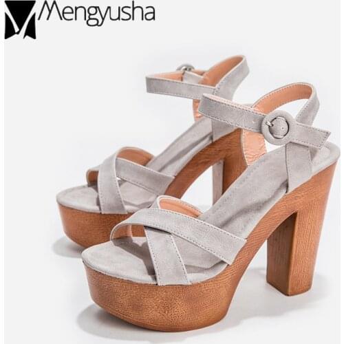 2020Cross Band platform solid thick wood high heels shoes women sandals european buckle band gladiator sandalias woman size36-43