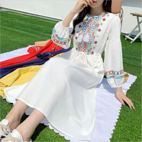 Jane cotton hemp dress Yunnan national wind long skirt embroidered cotton hemp white skirt seaside vacation dress
