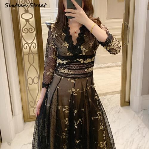 White Mesh Embroidery Dress Woman V-neck Lace Maxi Vestido Woman Dresses High Waisted Vintage Elegant Party Dress Female Spring