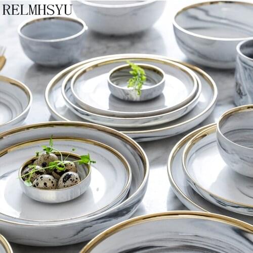 1PC RELMHSYU European Style Marble Ceramic Golden Inlay Rice Soup Noodle Bowl Round Steak Dinner Plate Dishes Home Tableware