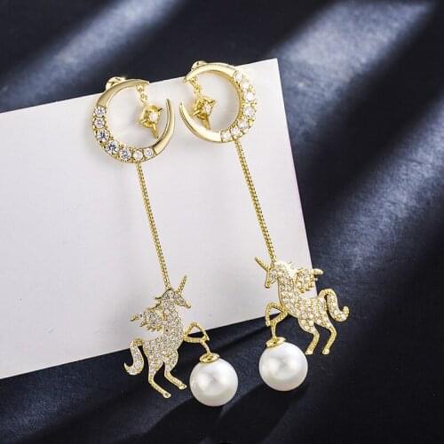 2020 Korean Earrings S925 Needle Long Unicorn Earrings Wild Pearl Pony Earrings Female Earrings Wholesale
