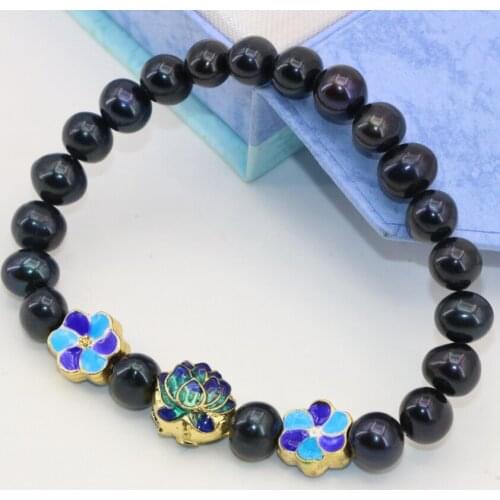 Beaded strand bracelets for women 4 style natural black pear nearround 7-8mm beads gold-color cloisonne jewelry 7.5inch B2800