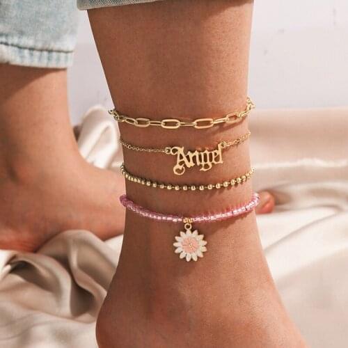 Docona 4pcs/sets Bohemian Flowers Bead Anklets for Women Charms Hollow Geometric Angle Letter Summber Jewelry Accessory 18115