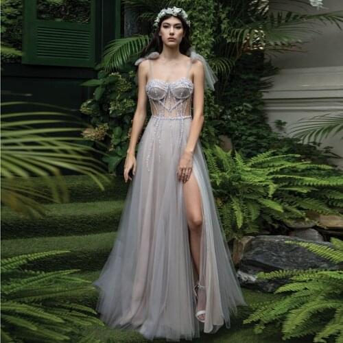 Elegant Long Tulle Dress A Line Simple Prom Party Dresses High Slit Sleeveless Beaded vestidos Women Evening Gown Cheap Custom