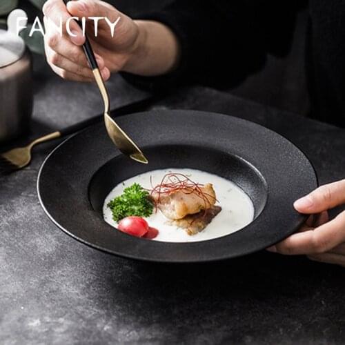 FANCITY European style frosted straw hat plate black creative pasta plate home salad plate dish western restaurant soup plate