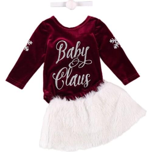 FOCUSNORM Christmas Newborn Baby Girls Clothes Sets Letter Long Sleeve Romper Fur Skirts Headband 3pcs