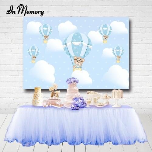 InMemory Boys Baby Shower Newborn Party Backdrops Blue Clouds Hot Air Balloons Bear Kids Birthday Party Photography Backgrounds