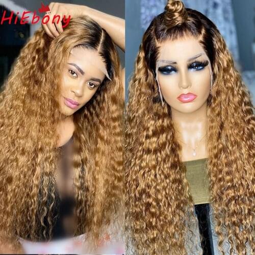 HiEbony Preplucked Lace Front Wigs 1b/27 Ombre 180% Density Glueless Remy Hair Lace Front Wig Transparent Curly Human Lace Wigs