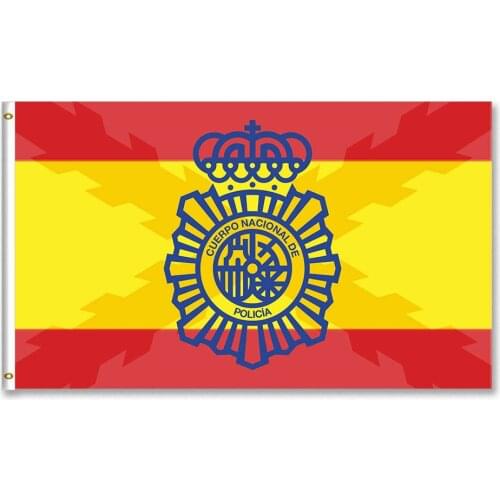 Bandera de España con la sombra de la Cruz de Borgoña y escudo del Cuerpo Nacional de Policia Policía Nacional española
