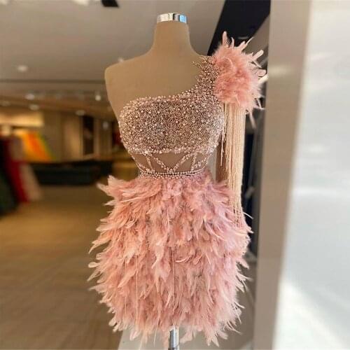 Pink Feather Short Prom Dresses Sheer Beaded Tassel On Shoulder Cocktail Party Dress Ziper Back Formal Wear Mini Evening Gowns