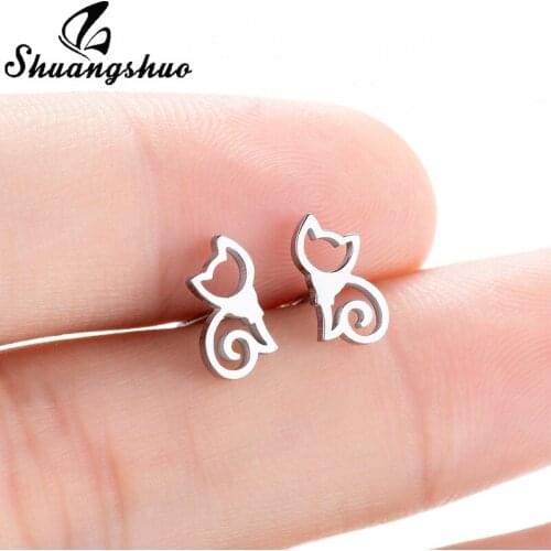 Shuangshuo Fashion Minimalist Jewelry Female Stainless Steel Sliver Colour Cat Stud Earrings Cute Mini Studs Earring For Girls