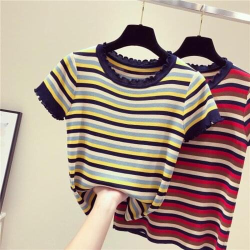 Fashion The New Rainbow stripes O-neck short-sleeved sweater bottoming shirt womens loose thin pullover summer Style